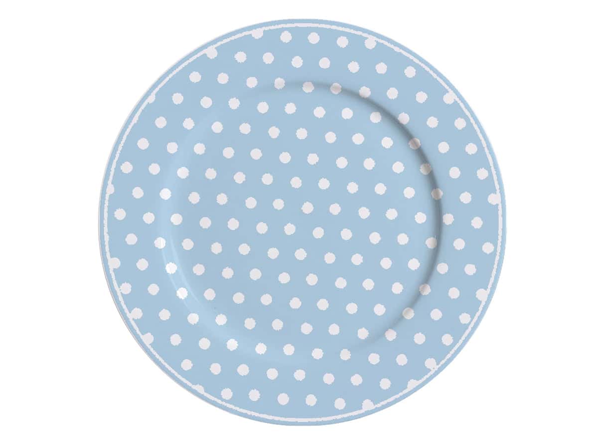 Синьо-бяла чиния на точки на бял фон.
