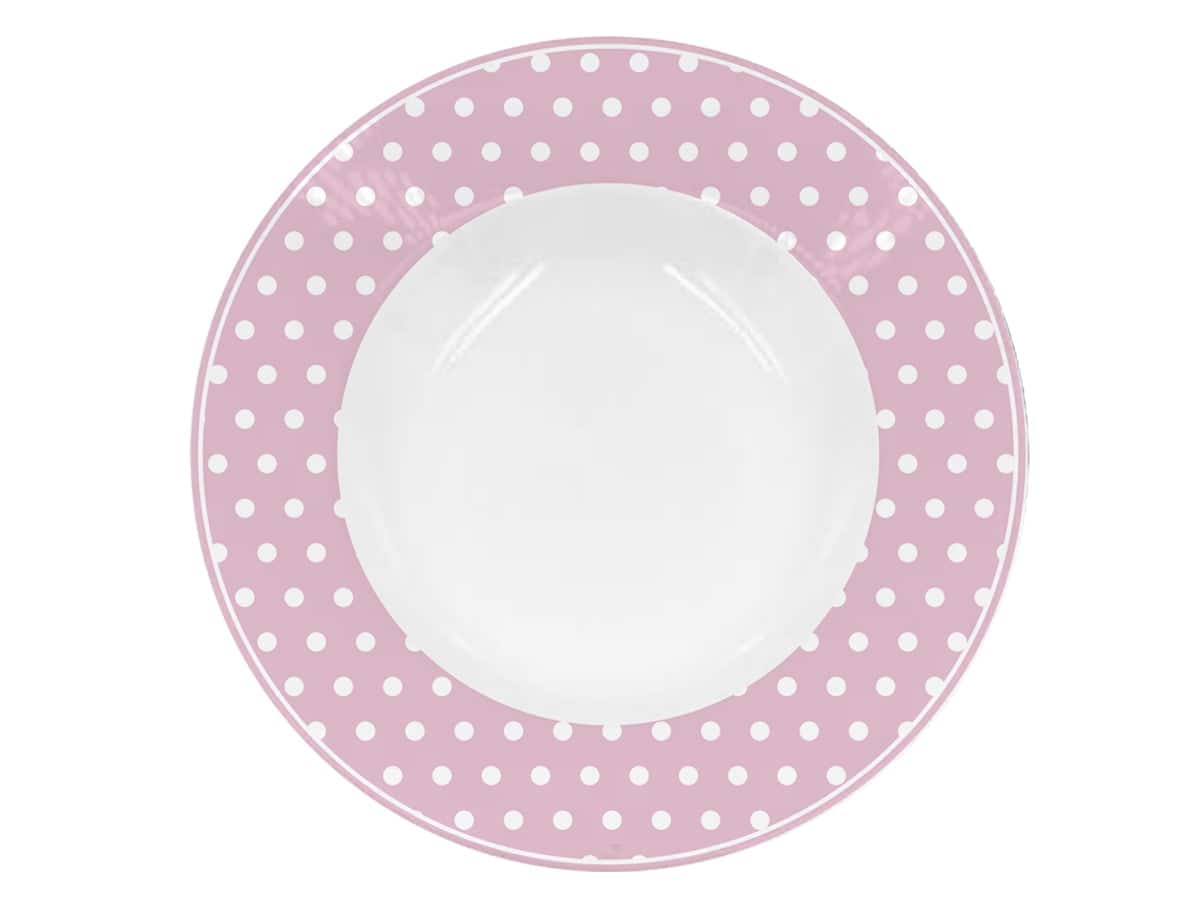 Розова и бяла чиния на точки на бял фон.