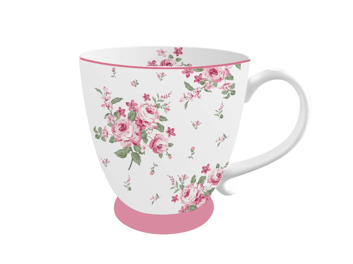 Розова чаша с флорален мотив върху нея.